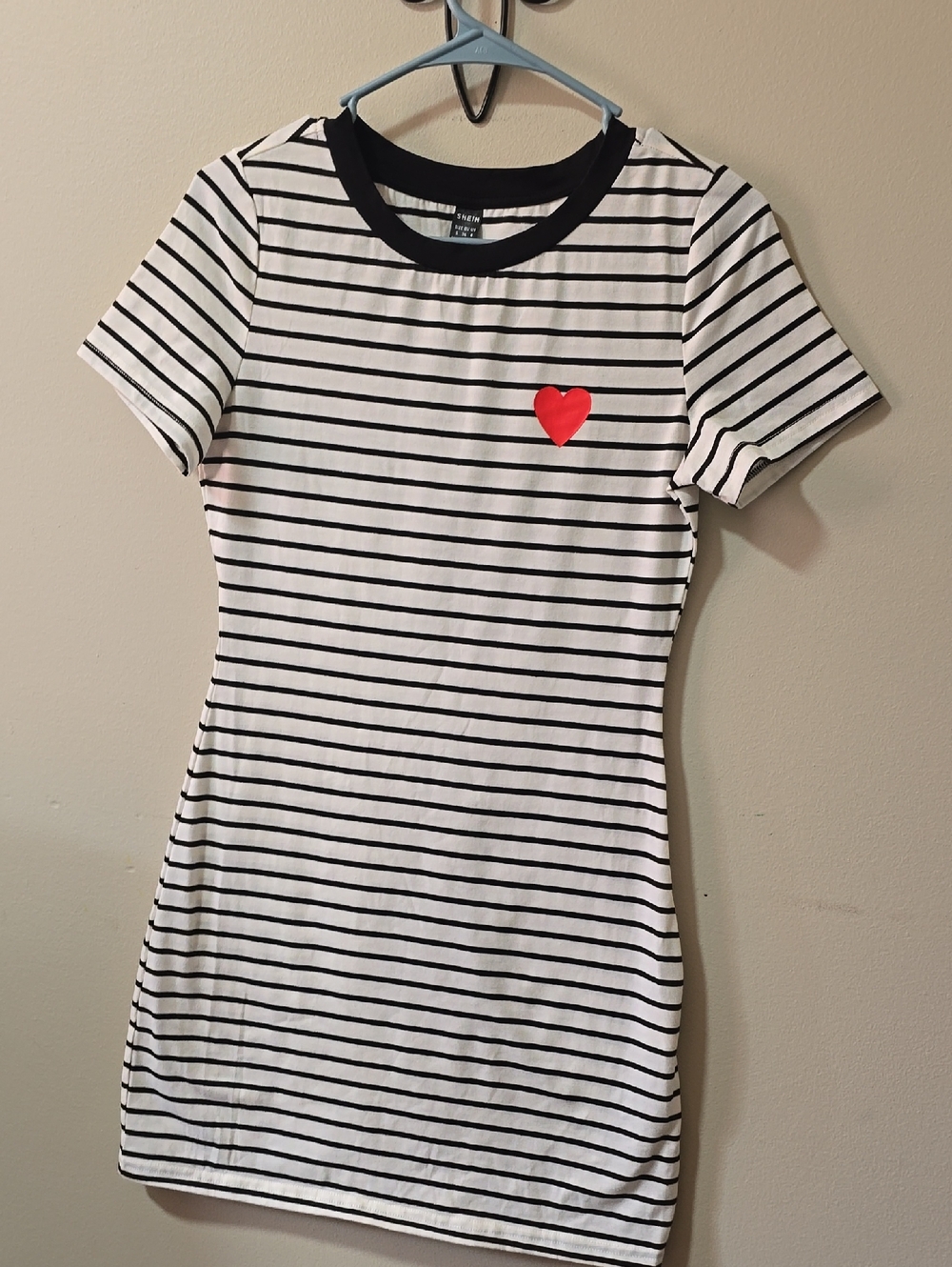 Striped Black & White Tee Dress with Red Heart